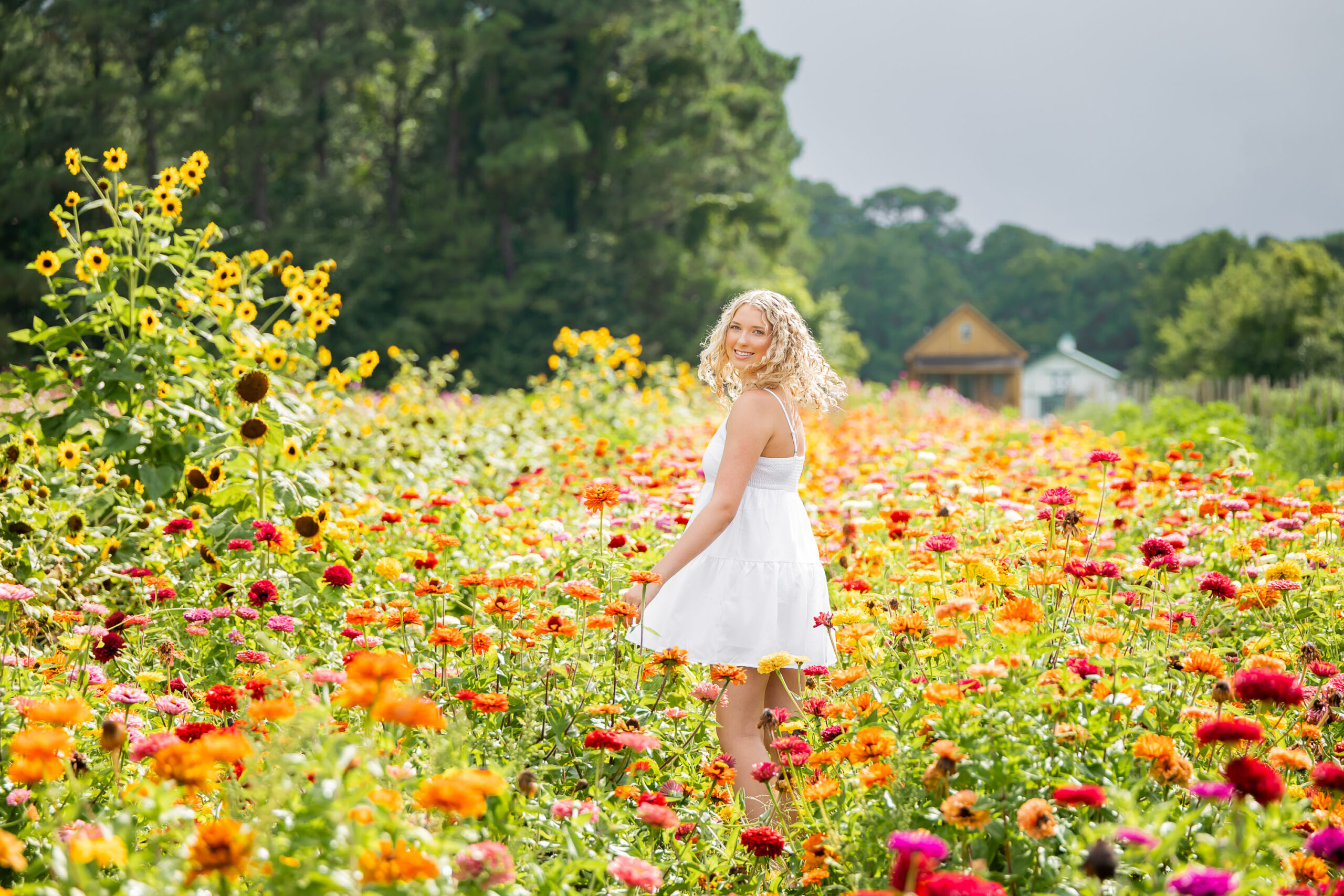Lia sitting in a vibrant field of zinnias and sunflowers at Grandy Greenhouse, with colorful blooms all around her and a hint of storm clouds in the sky.